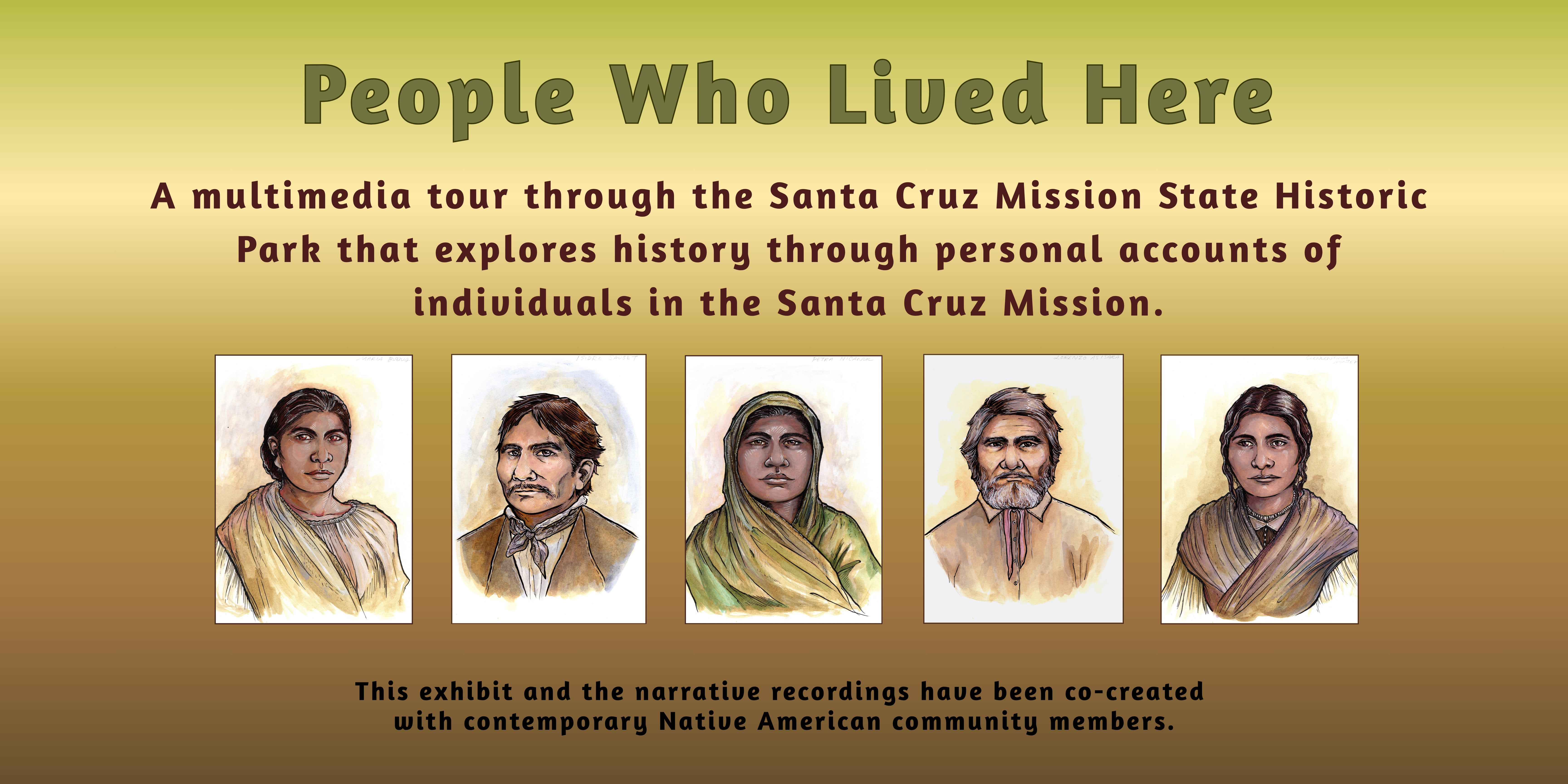 Banner with a brown and green bacground featuring painted portraits of the 5 historical subjects.